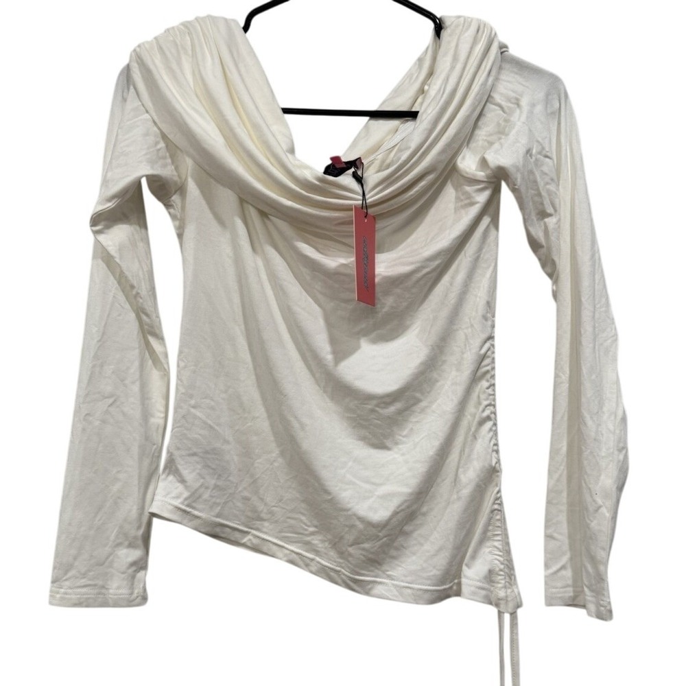 Edikted Lauren Knit White Cowl Neck Long Sleeve Ruched Side Tunic Top Shirt Sz L